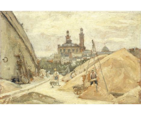STANISLAS LEPINE (1835-1892)Travaux au Trocadéro signé 'S Lépine' (en bas à gauche)huile sur cartonsans cadresigned 'S Lépine