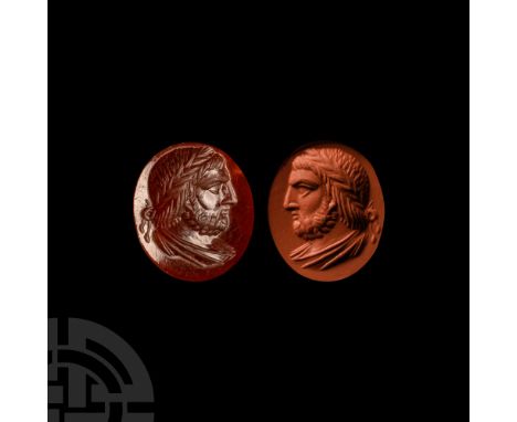 Roman, 2nd century A.D. or later. The oval intaglio engraved with a bearded head of Zeus or an emperor in profile, bearded, a