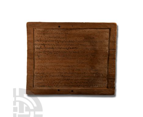 4th century A.D.. The shallow recessed panel displaying seventeen lines of hand-inked cursive text; reverse bearing twenty li