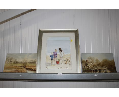 C Stewart, watercolour study of Children playing on a beach; K W Hastings, oil on canvas of a footbridge at Flatford and anot