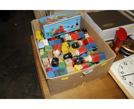 A collection of vintage wooden building blocks and wooden chess pieces etc 