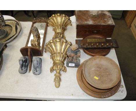 A collection of various wooden items to include writing box,  pipe rack, pair of ornate gilt wood brackets, wall mirror etc.