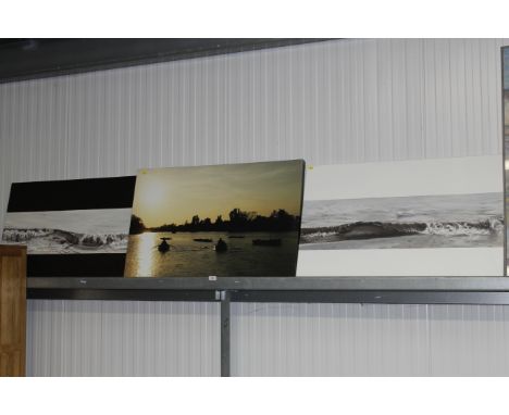 An unframed print on canvas, study of boats and two oil on canvas's studies of seascapes&nbsp;