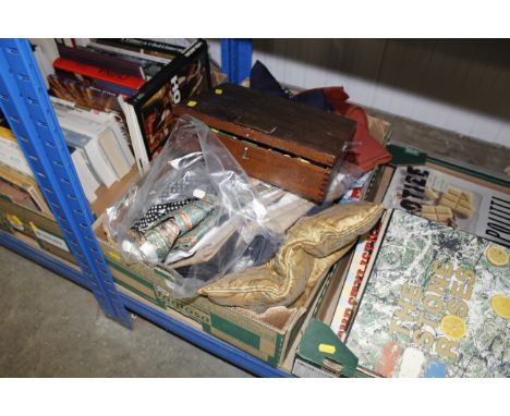 A box of sewing items and textiles