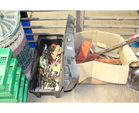 A plastic tool box and contents together with a cardboard box with contents of various tools
