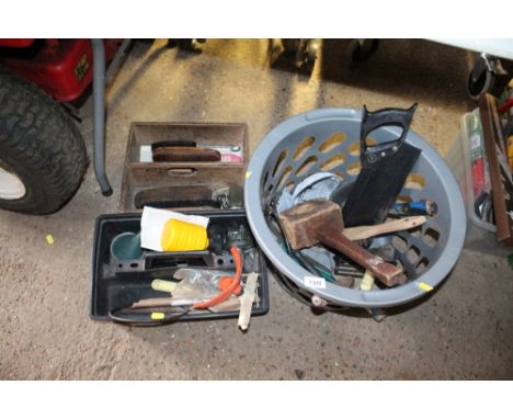 A wooden box of various shoe cleaning brushes together with various gardening items and tools