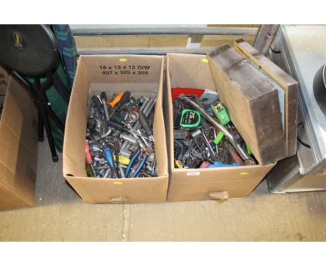 Two boxes of various tools to include sockets, ratchets, screwdrivers, spanners
