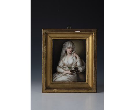Bildplatte Um 1910 Rechteckige Porzellanplakette mit einer roemische Priesterin in feiner, polychromer Aufglasurmalerei. Nach