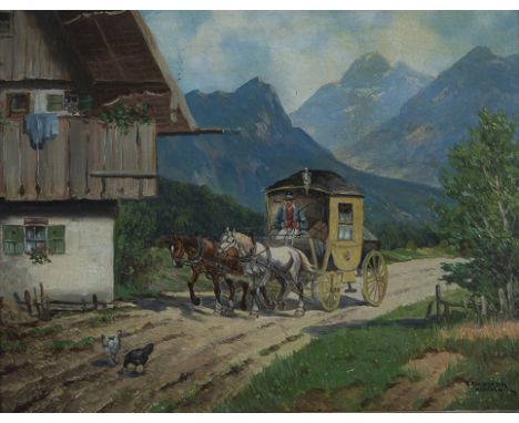Karl Rohrhirsch 1875 Muenchen - 1954 Greding Postkutsche vor Bauernhaus mit Berglandschaft im Hintergrund, Oel auf Hartfaserp