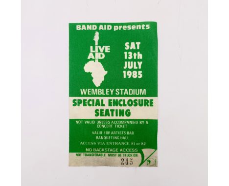 A Live Aid 13th July 1985 Special Enclosed Seating pass, No 245, on cloth  We are delighted to offer the Jo Burt Collection f