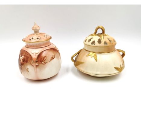 A 19th century Royal Worcester ivory blush potpourri with gilt decoration, along with a Hadley's Worcester potpourri with han