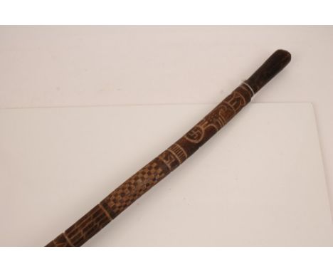 Second World War German Prisoner of War carved wood walking stick, continuously decorated with geometric patterns, Nazi Eagle