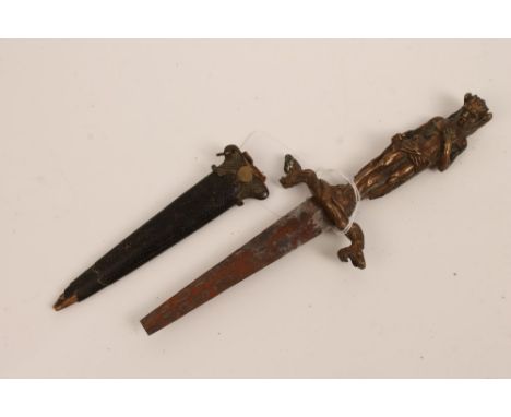Unusual 19th century dagger with ornate gilt metal hilt in the form of Baphomet or a horned God, with serpent head crossguard