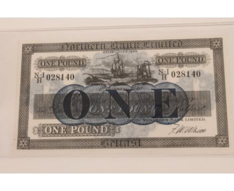 Banknote - Ireland - Northern Bank Ltd., Belfast, One Pound Note, black and blue print, signed F. W. White.  Prefix N - I / H