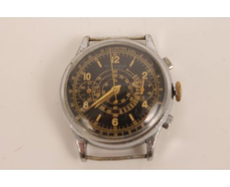 Rare Second World War period Bucherer chronograph wristwatch, black dial with Arabic numerals and baton hour markers, subsidi