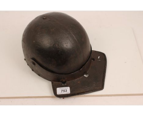 17th century English Civil War pikeman's pot helmet of very heavy two-piece construction with swivel visor