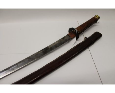 Second World War Japanese Officers' Katana with leather bound grip and scabbard, iron Tsuba and slightly curved blade with si