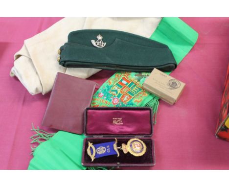 Durham Light Infantry side cap, Second World War Defence medal in box of issue, gilt metal Order of Buffalo medal and sundry 