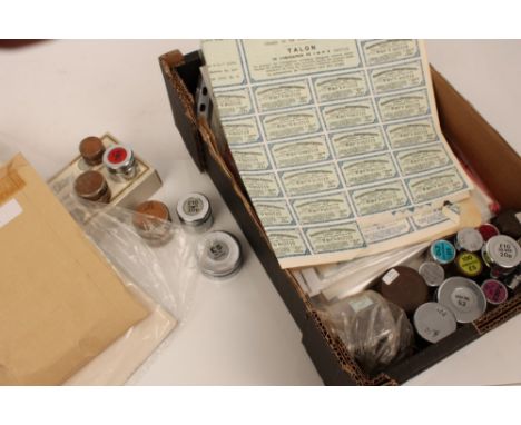 Box containing share certificates, bank money weights and used cheques, etc (qty)