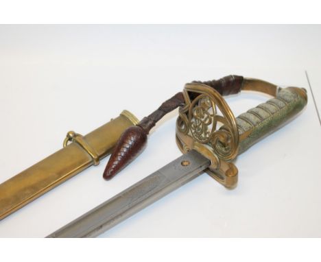 Rare George V 1892 pattern Royal Vetinary Corps Officers' sword with brass Gothic hilt with crowned GRV cipher and original l