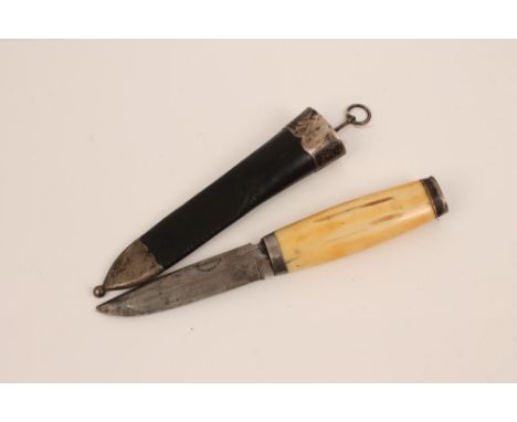 Good quality late 19th century Scandinavian hunting knife with silver mounts, marine ivory handle with hinged compartment to 