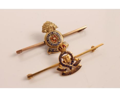 Gold (9ct) Royal Army Ordnance Corps sweetheart bar brooch, together with a gold (9ct) Royal Fusiliers sweetheart bar brooch,