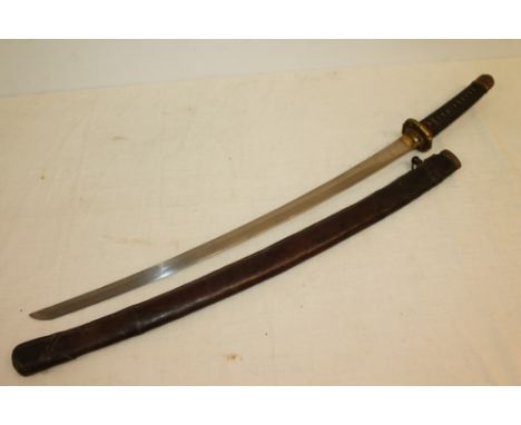 Second World War Japanese Officers' Katana sword with unsigned tang, regulation military mounts, curved blade in leather cove