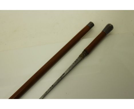 Good quality late 19th century sword stick with silver-mounted bamboo handle and shaft, square section tapered blade with spe