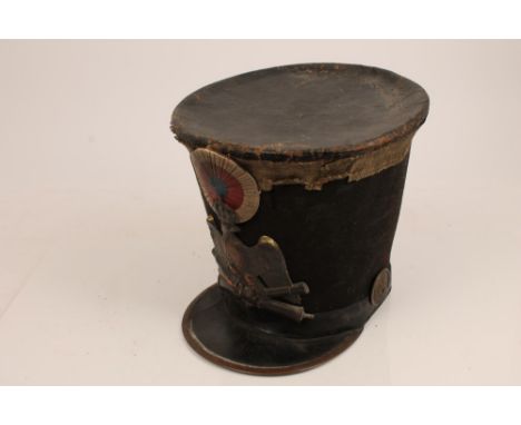 Scarce early 19th century French Foot Artillery Shako, circa 1840, with felt body, silver bullion lace, French cockade and co