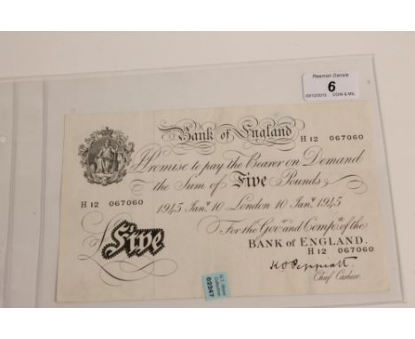 Banknote - Bank of England, London, 10th Jan 1945 - K. O. Peppiatt - white Five Pound Note.  Prefix H 12 (N.B.  some pen mark