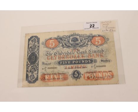 Banknote - Scotland - The Clydesdale Bank Ltd., Five Pound Note - orange and blue, signed A. Mitchell & R. Young.  Prefix Z 2