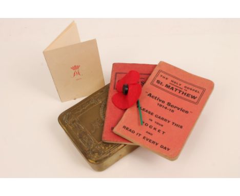 First World War Princess Mary gift tin with Christmas card, early Haig Fund poppy and two religious booklets