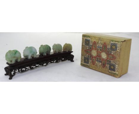 A late 19th Century carved and pierced Chinese hardwood Bridge with five carved jade elephants, with manuscript label underne