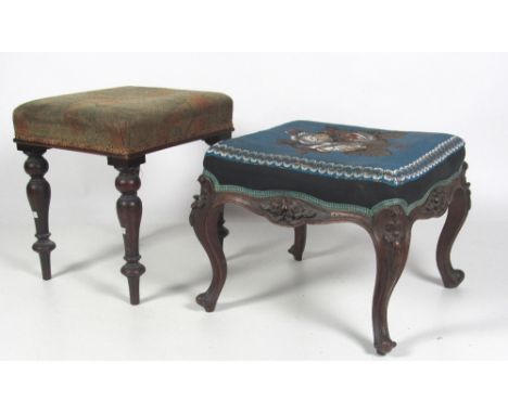 A square Victorian carved walnut Dressing Stool, with bead work, set over four cabriole legs; and an earlier similar Dressing