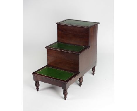 A good quality 19th Century mahogany three step Bed Commode, in the manner of Gillows, each step with green and gilt leather 