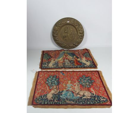 Two similar large colourful hand worked Tapestry Pictures, mythological subjects, each approx. 78cms x 108cms (31" x 42 1/2")