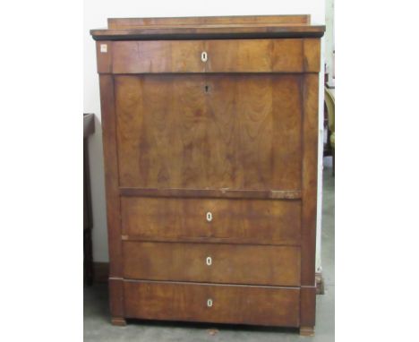 A 19th Century Biedermiere walnut Bureau Abbatant, the shaped top over single frieze drawer with drop down panel and with fit