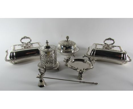 A pair of heavy 19th Century silver plated Entree Dishes & Covers, with Copeland Spode porcelain liners; a large silver plate