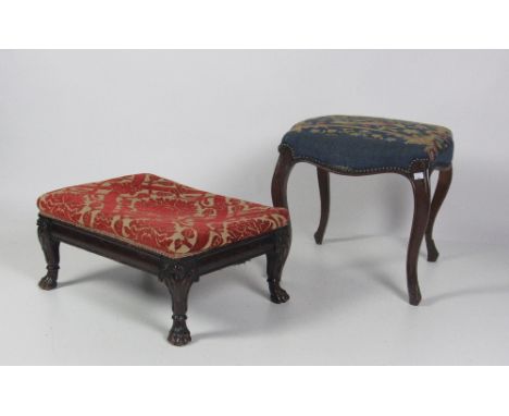 A Victorian mahogany Dressing Stool, with tapestry seat over four carved cabriole legs; and a rectangular mahogany Footstool 