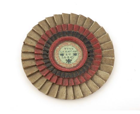 A rare and unusual 18th Century French Revolution carved wooden Rosette, with an engraved central token inscribed "Vive La Na