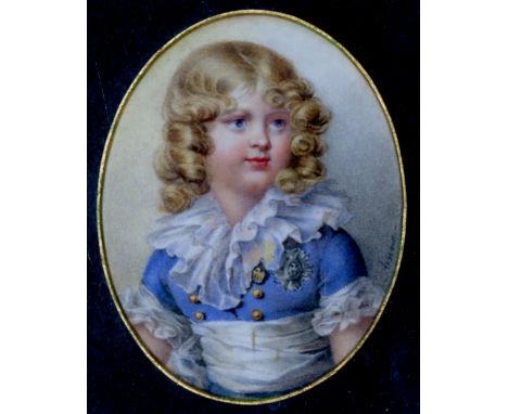 Aerna?Miniature: "Half length Portrait of Young boy with blonde curls, wearing blue top and military decoration," on vellum, 