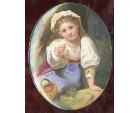 A fine quality hand painted 19th Century Continental porcelain oval Plaque, "Young Girl with basket of Fruit," 19cms x 14cms 