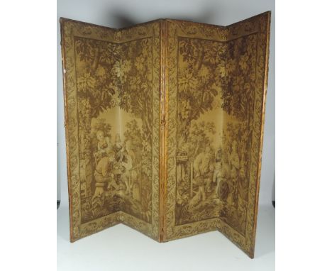 A large 19th Century four-fold Tapestry Screen, decorated with two large Dutch landscapes with figures, 202cms (80") high; 25
