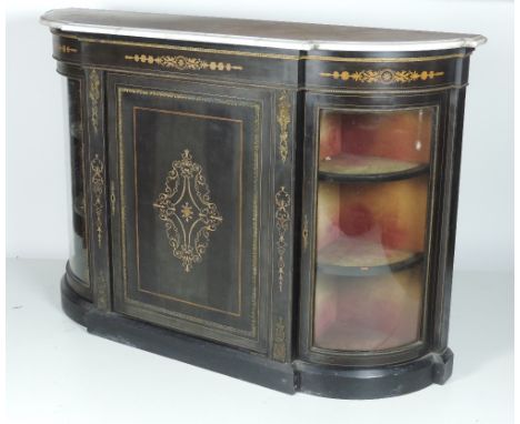 A Victorian ormolu and inlaid Credenza, the moulded marble top with bowed ends over two bowed glass doors and large centre pa