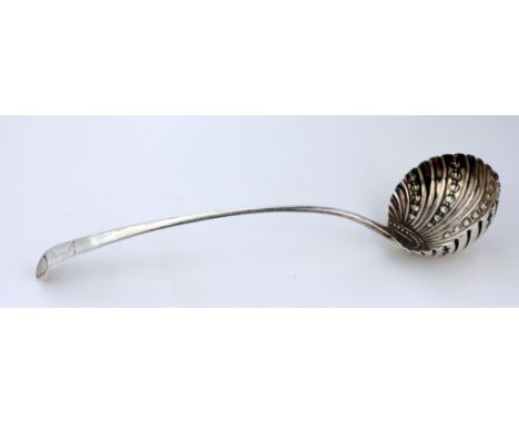 A rare antique English silver Soup Ladle, with etched feather work edge and attractive shell design bowl, London c. 1773 by H