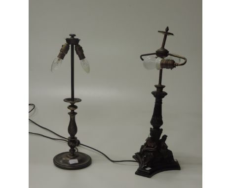 An attractive bronzed and gilt Figural Table Lamp, and a brass pillar Table Lamp, with similar shade. (2)