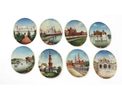 A set of 8 19th Century Architectural miniature Paintings, on ivory depicting The Taj Mahal, Qutab Minac, Humayun's Tomb, and