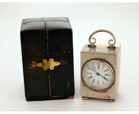 A miniature silver cased Carriage Clock Birmingham c. 1901, French movement, in original leather case. (1)