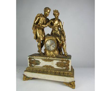 A fine and impressive large ormolu and marble Mantle Clock, the circular silvered dial, flanked by two large classical figure