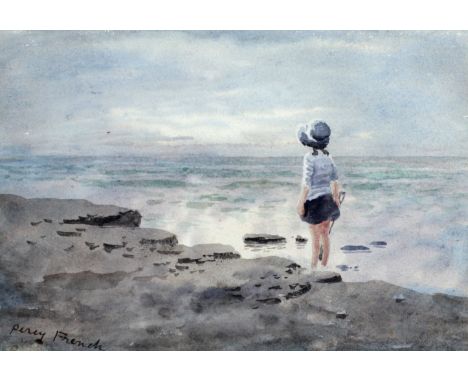 William Percy French (1854 - 1920)Watercolour:  "Bundoran," rocky coastal scene with young girl playing, approx. 17cms x 24cm